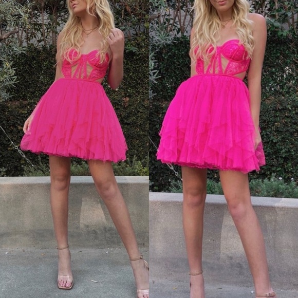 NWT For Love & Lemons Rosario Hot Pink Mini Bustier Dress Small Valentine’s Day - Picture 2 of 16